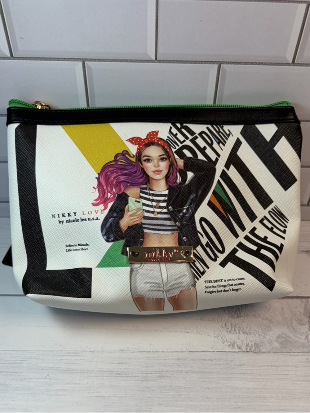 Nikky Love White Graphic Zip Pouch with Green Trim